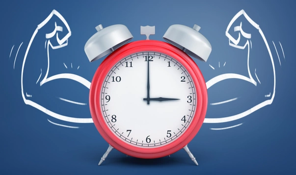 clock with arms flexing muscles