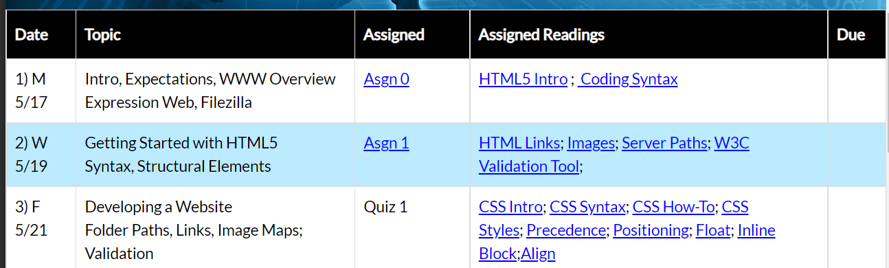 course schedule snippit