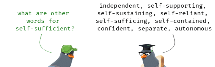 two cartton pigeons discussing other words for self-sufficient 