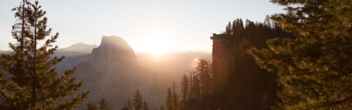 sunrise over a mountain with pine trees